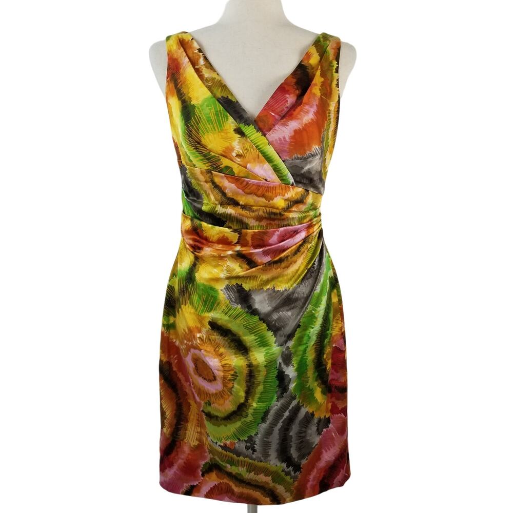 Kay Unger Yellow Green Red Pink Abstract Silk Ruched Waist Lined Dress Size 4